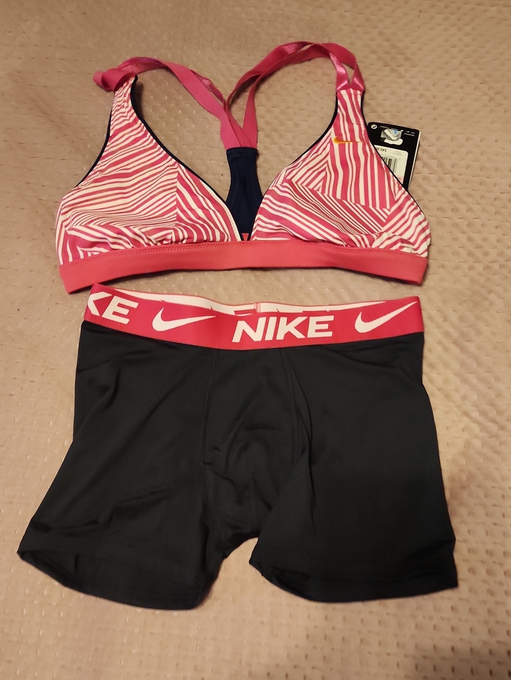 Nike Women’s Pink Patterned Bikini Top with Black Swim Shorts